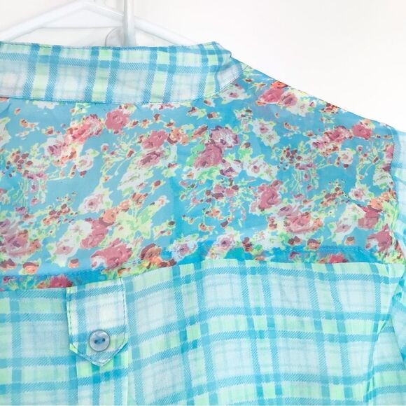 Truth Plaid Floral Teal Semi Sheer Button Down Cottagecore Blouse - Picture 7 of 13